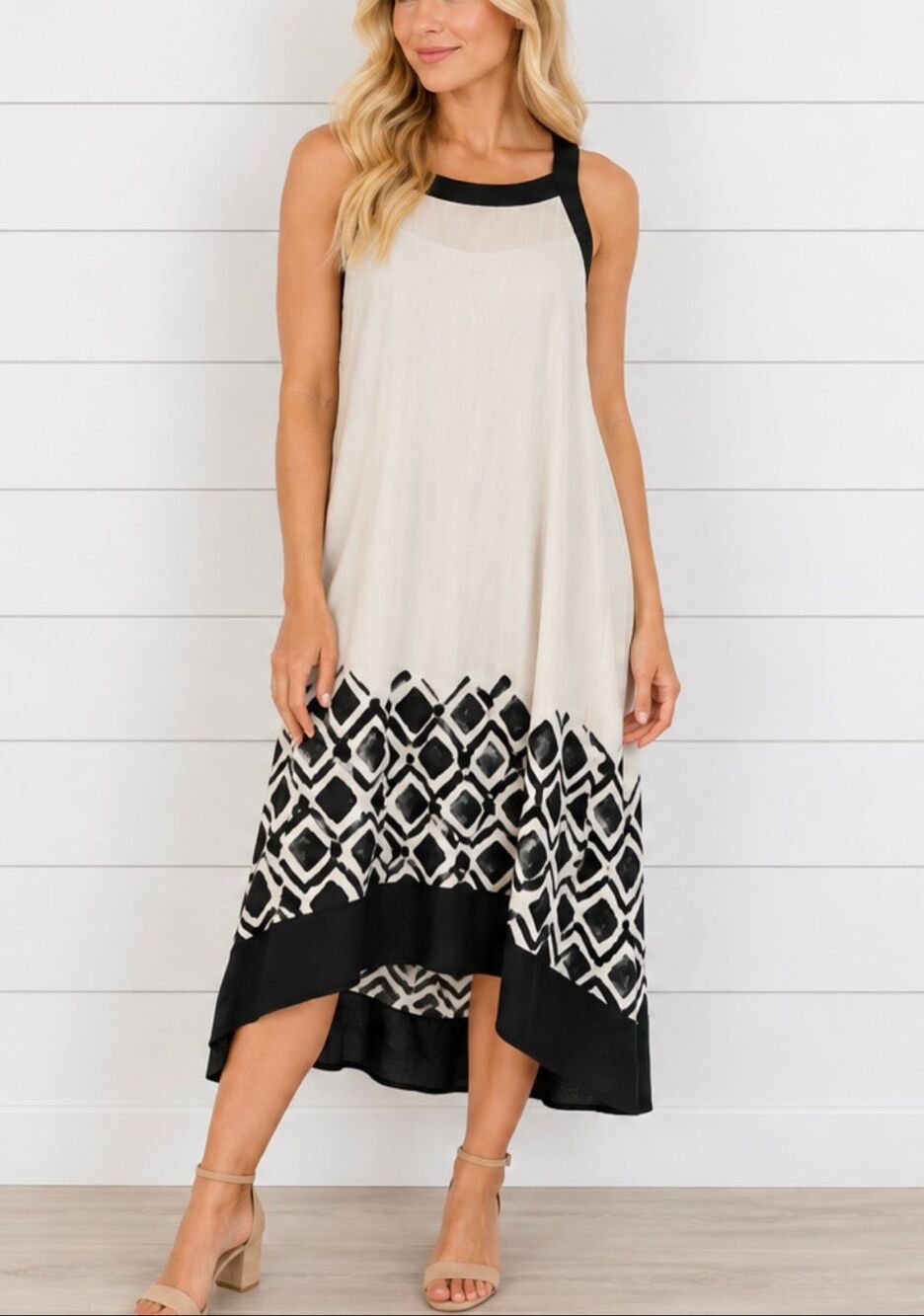 DKNYC square neck black and white high low dress M